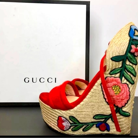 New Authentic Gucci Embroidered Floral Platform Wedges Women Size US 8.5 - Picture 2 of 5